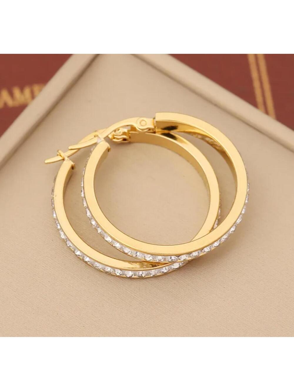 Large bling round hoop Earrings - Gold - CZs - 2"